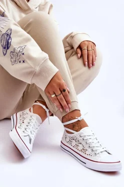 Boto Trampki Damskie Niskie*Damskie Koronkowe Materiałowe Trampki Białe Fergo