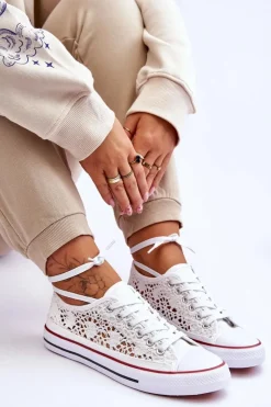 Boto Trampki Damskie Niskie*Damskie Koronkowe Materiałowe Trampki Białe Fergo