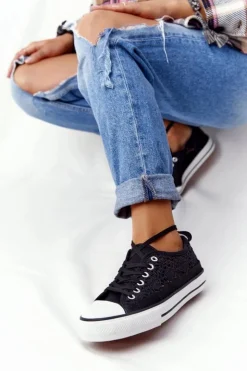 Boto Trampki Damskie Niskie*Damskie Koronkowe Trampki Czarne Candice