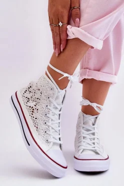 Outlet Boto Damskie Koronkowe Wysokie Trampki Białe Cornella