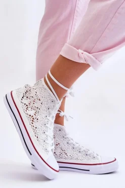 Outlet Boto Damskie Koronkowe Wysokie Trampki Białe Cornella
