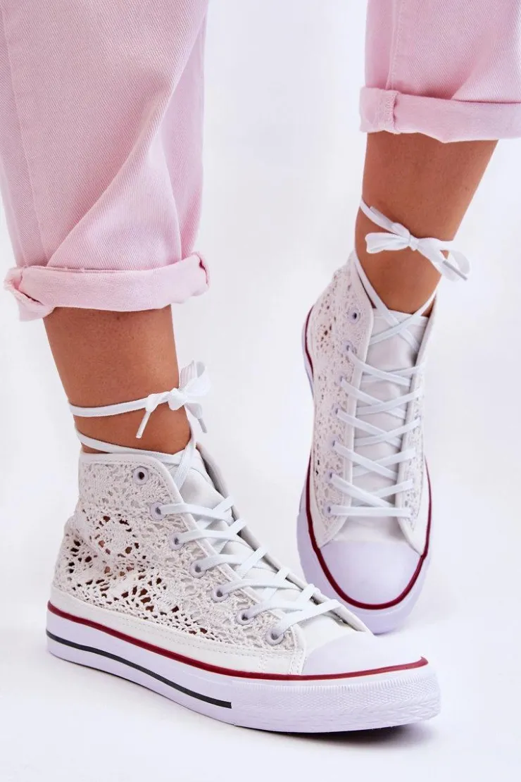 Outlet Boto Damskie Koronkowe Wysokie Trampki Białe Cornella