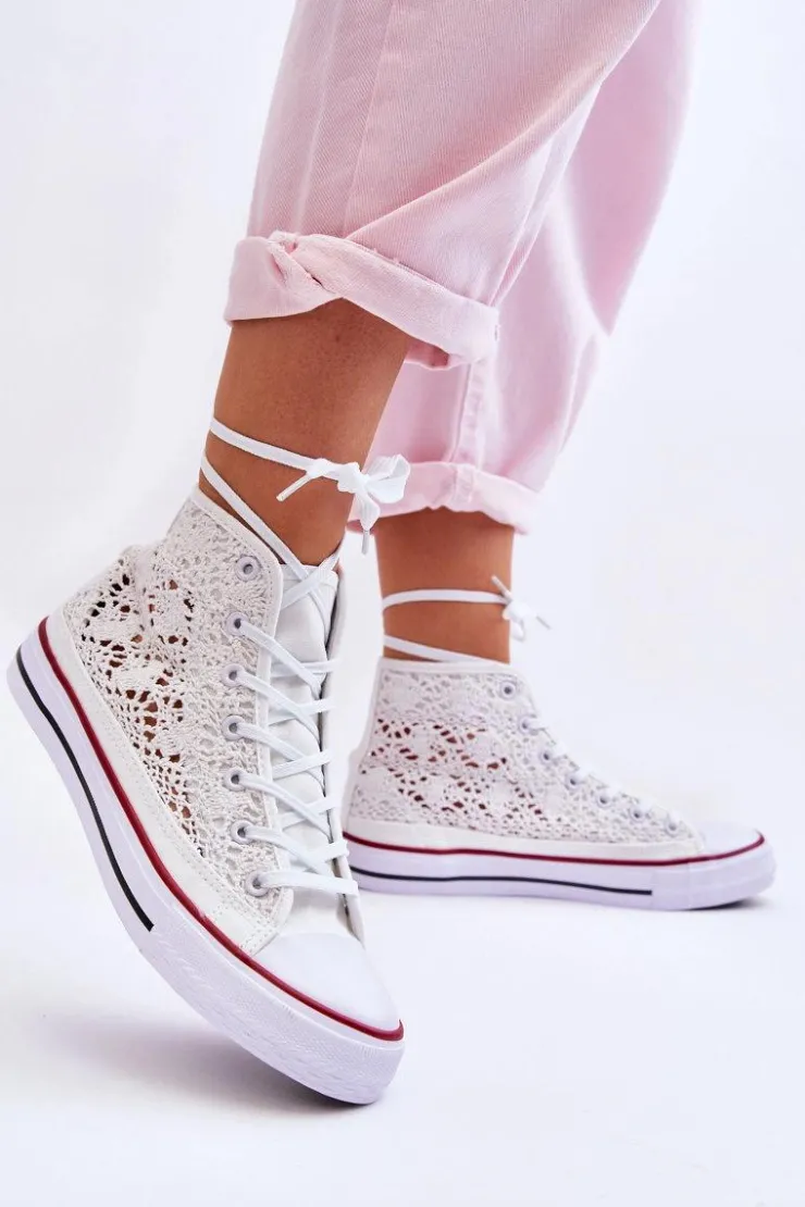 Outlet Boto Damskie Koronkowe Wysokie Trampki Białe Cornella