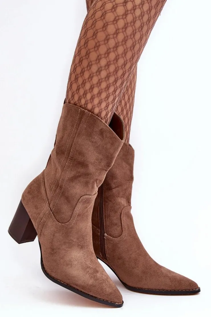 Damskie Boto Damskie Kowbojki Botki Na Słupku Ciemnobeżowe Danell