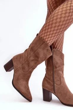 Damskie Boto Damskie Kowbojki Botki Na Słupku Ciemnobeżowe Danell