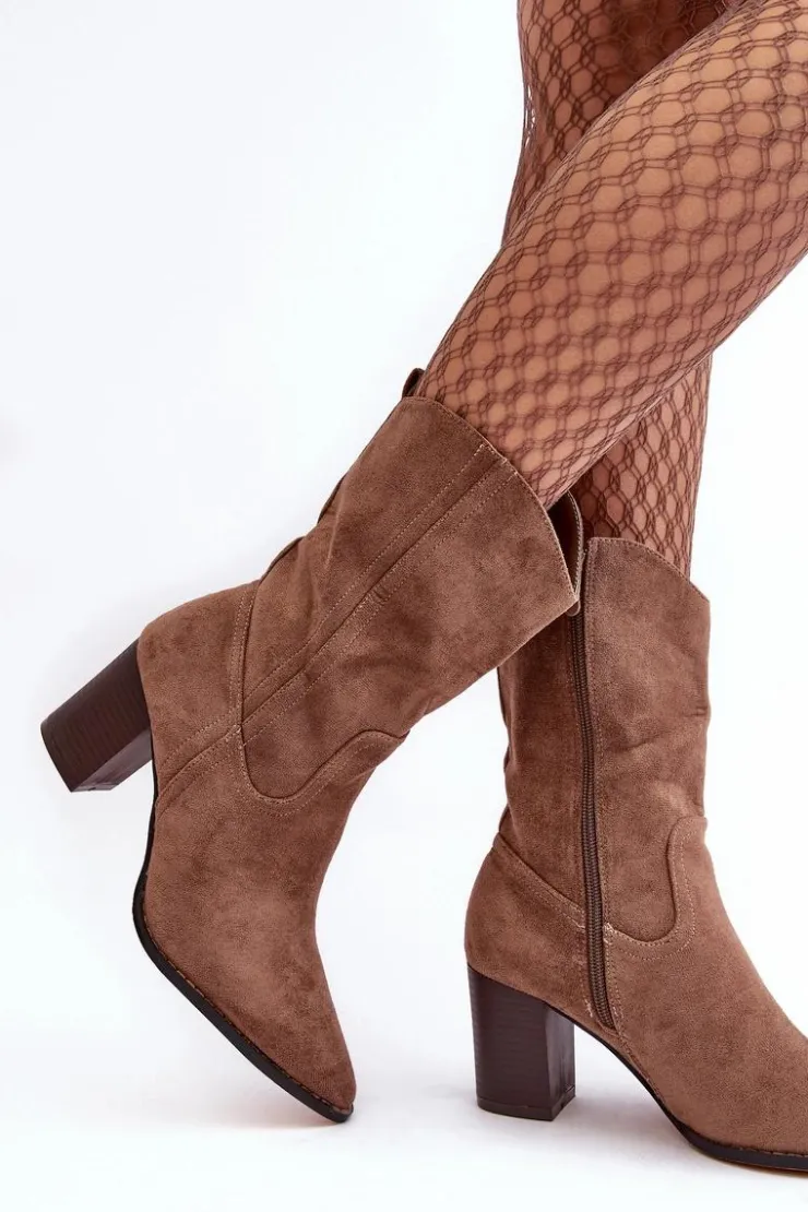 Damskie Boto Damskie Kowbojki Botki Na Słupku Ciemnobeżowe Danell