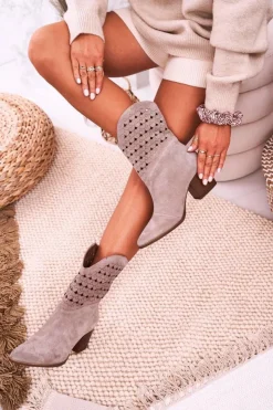 Sale Boto Damskie Kowbojskie Botki Na Słupku Zamszowe Cappuccino Emily