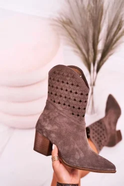 Damskie Boto Damskie Kowbojskie Botki Na Słupku Zamszowe Brązowe Emily