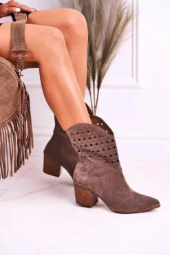 Damskie Boto Damskie Kowbojskie Botki Na Słupku Zamszowe Brązowe Emily