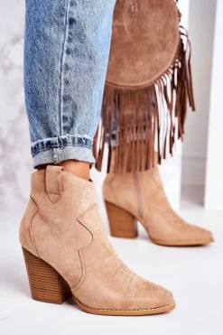 Damskie Boto Damskie Kowbojskie Ocieplane Botki Na Słupku Beżowe Margaret