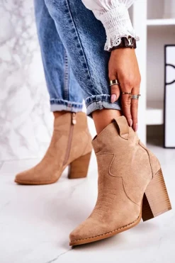 Damskie Boto Damskie Kowbojskie Ocieplane Botki Na Słupku Beżowe Margaret