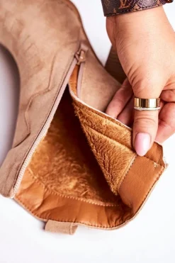 Damskie Boto Damskie Kowbojskie Ocieplane Botki Na Słupku Beżowe Margaret