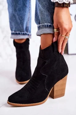 New Boto Damskie Kowbojskie Ocieplane Botki Na Słupku Czarne Margaret