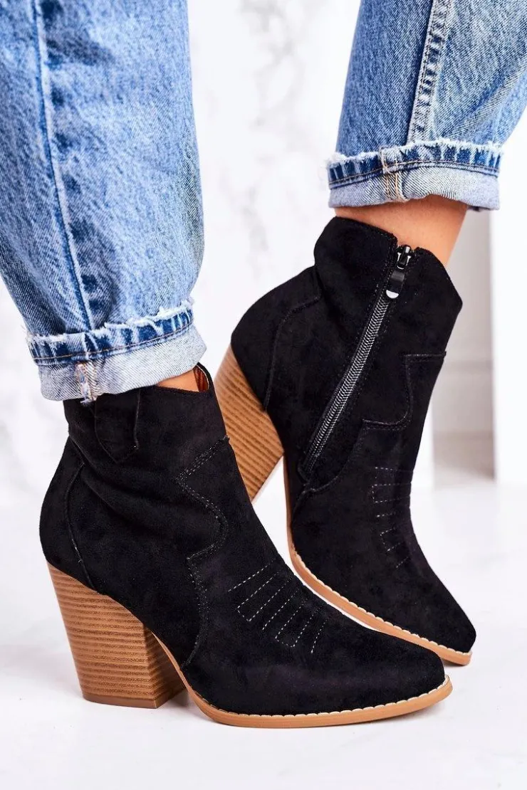 New Boto Damskie Kowbojskie Ocieplane Botki Na Słupku Czarne Margaret