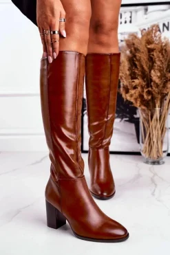 Buty Sergio Leone Kozaki Na Obcasie*Damskie kozaki do kolana Sergio Leone brązowe KZ278