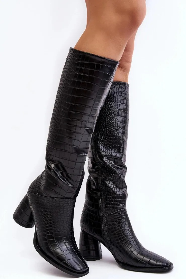 Boto Kozaki Przed Kolano|Kozaki Na Obcasie*Damskie Kozaki Do Kolana Na Słupku Wężowy Wzór Czarne Ceriona