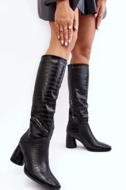 Boto Kozaki Przed Kolano|Kozaki Na Obcasie*Damskie Kozaki Do Kolana Na Słupku Wężowy Wzór Czarne Ceriona