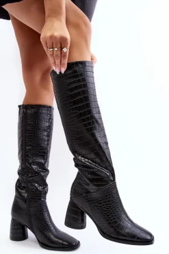 Boto Kozaki Przed Kolano|Kozaki Na Obcasie*Damskie Kozaki Do Kolana Na Słupku Wężowy Wzór Czarne Ceriona