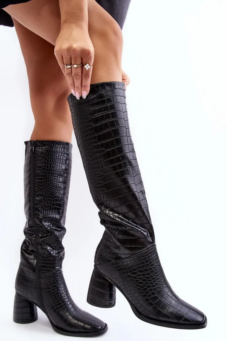 Boto Kozaki Przed Kolano|Kozaki Na Obcasie*Damskie Kozaki Do Kolana Na Słupku Wężowy Wzór Czarne Ceriona