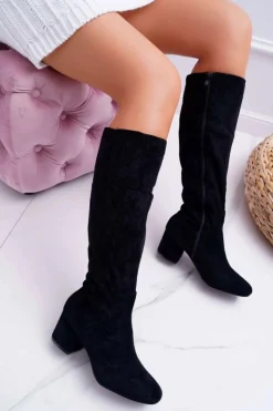 Damskie Boto Damskie Kozaki Do Kolana Zamszowe Czarne Twins