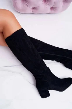 Damskie Boto Damskie Kozaki Do Kolana Zamszowe Czarne Twins