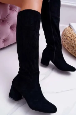 Damskie Boto Damskie Kozaki Do Kolana Zamszowe Czarne Twins