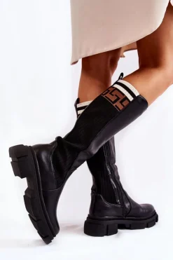 Boto Kozaki Wiosenne|Kozaki Płaskie*Damskie Kozaki Do Kolana Czarne Kathrin