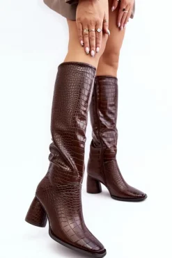 Best Boto Damskie Kozaki Do Kolana Na Słupku Wężowy Wzór Brązowe Ceriona