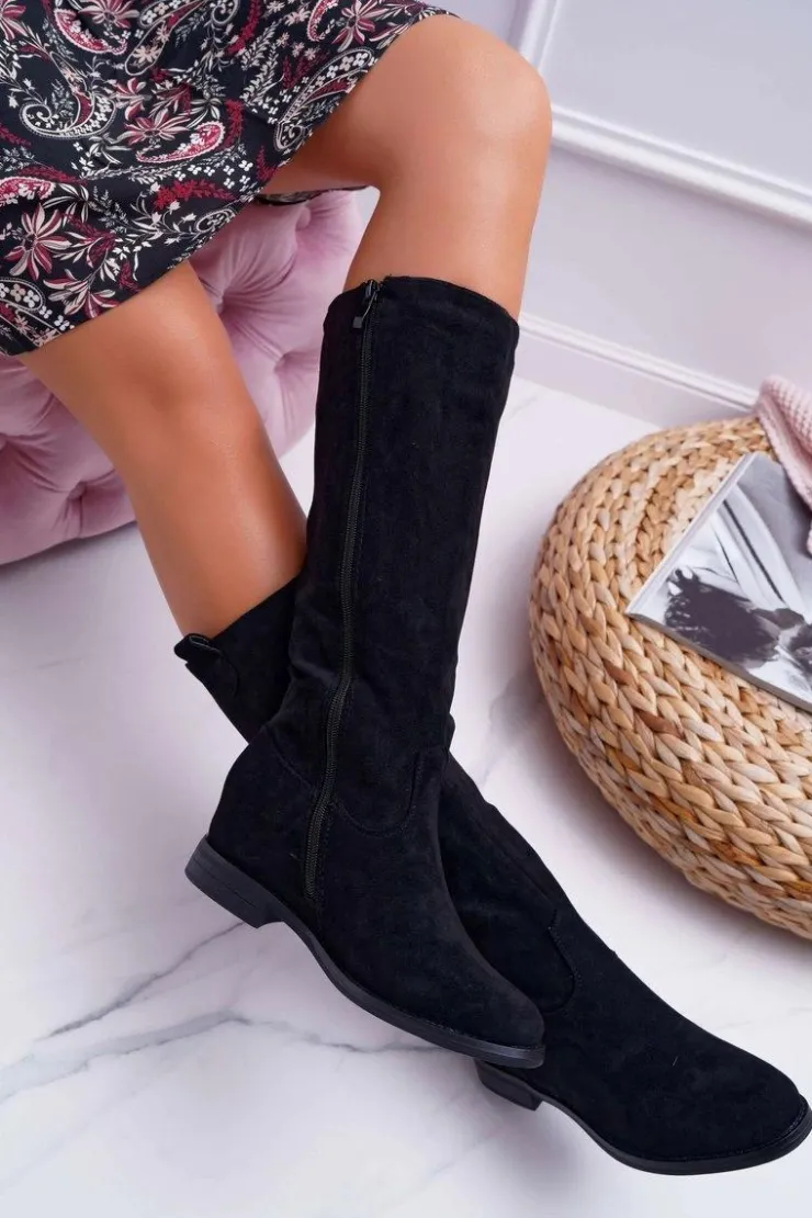Sale Boto Damskie Kozaki Do Połowy Łydki Zamszowe Czarne Temet