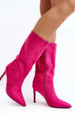 Sale Boto Damskie Kozaki Do Połowy Łydki Na Szpilce Fuksja Odetteia Różowy