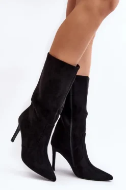 New Boto Damskie Kozaki Do Połowy Łydki Na Szpilce Czarne Odetteia