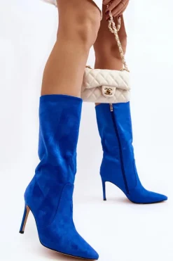 Boto Kozaki Wiosenne|Kozaki Przed Kolano*Damskie Kozaki Do Połowy Łydki Na Szpilce Niebieskie Odetteia