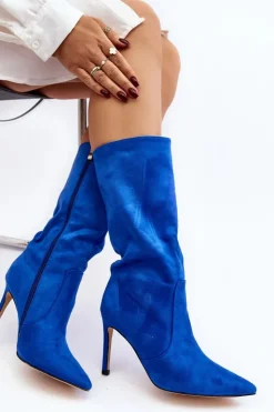Boto Kozaki Wiosenne|Kozaki Przed Kolano*Damskie Kozaki Do Połowy Łydki Na Szpilce Niebieskie Odetteia