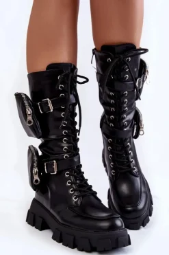 Hot Boto Damskie Kozaki Glany Sznurowane Z Nerkami Czarne Mirrano