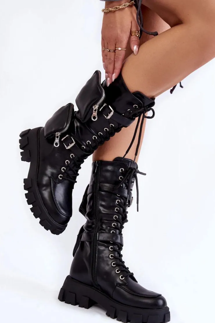 Hot Boto Damskie Kozaki Glany Sznurowane Z Nerkami Czarne Mirrano