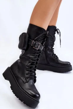 Damskie Boto Damskie Kozaki Glany Z Nerką Sznurowane Czarne Lillien