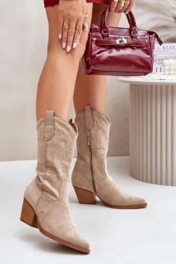 Online Boto Damskie Kozaki Kowbojki Na Słupku Z Eko Zamszu Beżowe Wendlis