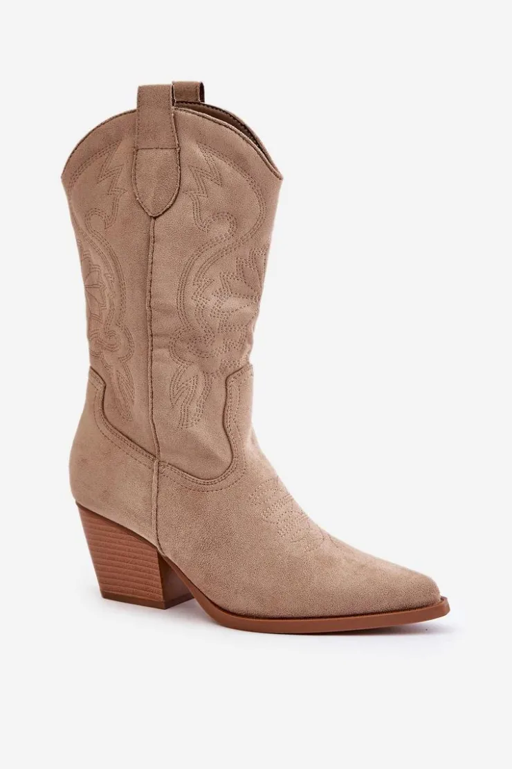 Online Boto Damskie Kozaki Kowbojki Na Słupku Z Eko Zamszu Beżowe Wendlis