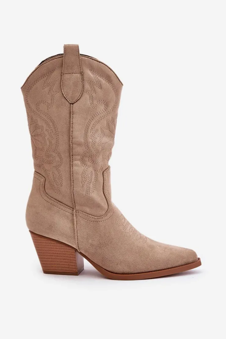 Online Boto Damskie Kozaki Kowbojki Na Słupku Z Eko Zamszu Beżowe Wendlis