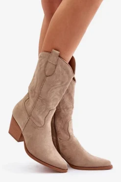 Online Boto Damskie Kozaki Kowbojki Na Słupku Z Eko Zamszu Beżowe Wendlis