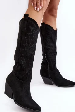 New Boto Damskie Kozaki Kowbojki Na Słupku Czarne Sloana