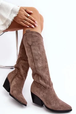 Boto Kozaki Wiosenne|Kozaki Przed Kolano*Damskie Kozaki Kowbojki Na Słupku Ciemnobeżowe Sloana