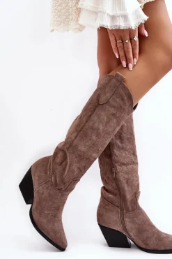 Boto Kozaki Wiosenne|Kozaki Przed Kolano*Damskie Kozaki Kowbojki Na Słupku Ciemnobeżowe Sloana