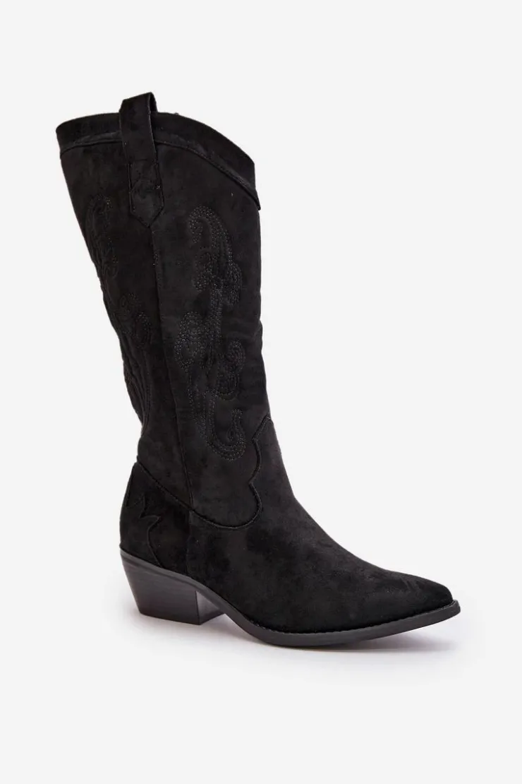 Boto Kozaki Przed Kolano|Kozaki Na Obcasie*Damskie Kozaki Kowbojki Na Niskim Obcasie Z Eko Zamszu Czarne Ligelia