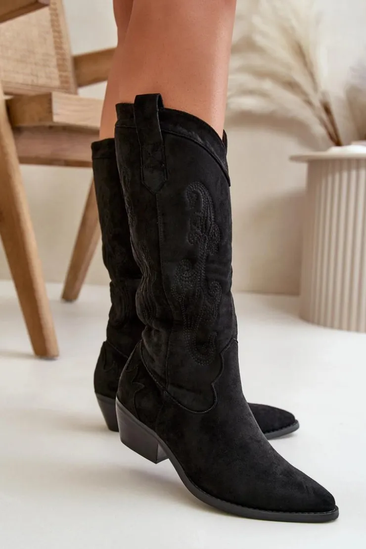 Boto Kozaki Przed Kolano|Kozaki Na Obcasie*Damskie Kozaki Kowbojki Na Niskim Obcasie Z Eko Zamszu Czarne Ligelia
