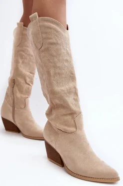Damskie Boto Damskie Kozaki Kowbojki Na Słupku Jasnobeżowe Sloana