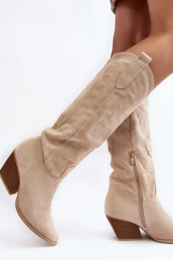 Damskie Boto Damskie Kozaki Kowbojki Na Słupku Jasnobeżowe Sloana