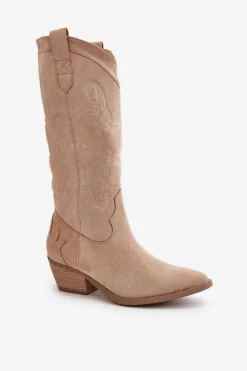 Best Boto Damskie Kozaki Kowbojki Na Niskim Obcasie Z Eko Zamszu Beżowe Ligelia