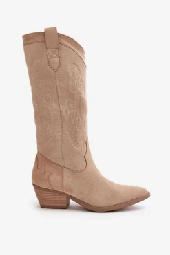 Best Boto Damskie Kozaki Kowbojki Na Niskim Obcasie Z Eko Zamszu Beżowe Ligelia
