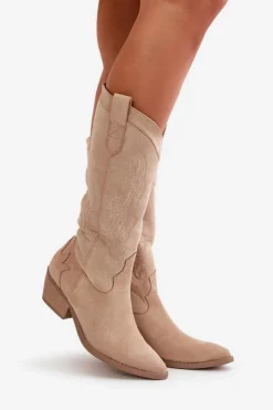 Best Boto Damskie Kozaki Kowbojki Na Niskim Obcasie Z Eko Zamszu Beżowe Ligelia